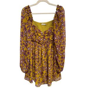 Lush Mini Dress Size Medium Floral Long Sleeve Smocked Mustard Violet Bohemian